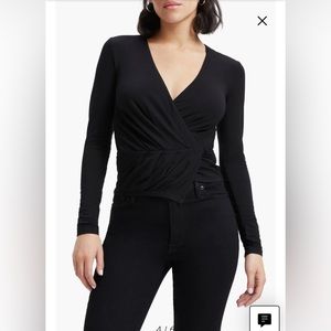 Good American Long Sleeve Faux Wrap Top Size Large Black